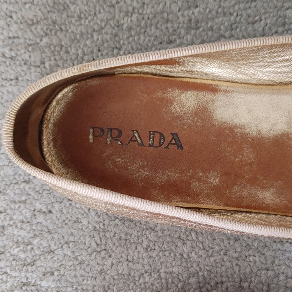 Prada Metallic Gold Leather Ballet Flats with Logo - Picture 12 of 15
